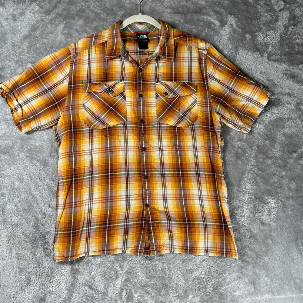 The North Face‎ Camp Shirt Mens L Orange Plaid Lightweight Pocket Chore Western